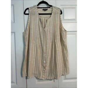 CZ Collection 2X Beige White Striped Sleeveless Button-Front Blouse Metallic